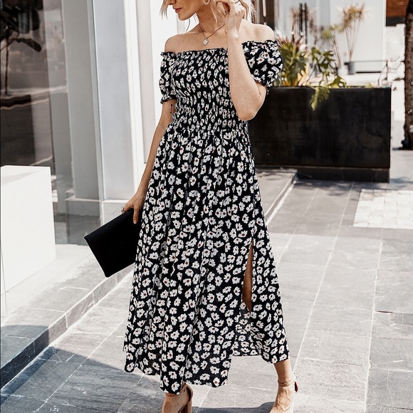 💕🆕Navy Off The Shoulder Side Slit Dress - Picture 5 of 6